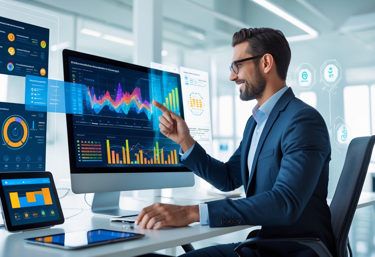 A business professional interacting with a computer showing colorful data charts and analytics in a modern office setting.  What Is The Top AI Visibility Optimization Tool?