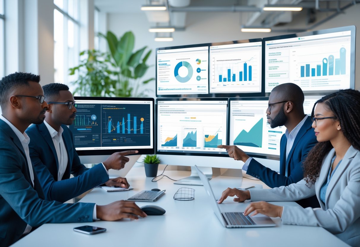 A group of professionals collaborating around computer monitors displaying data charts and graphs in a modern office.  What Is The Top AI Visibility Optimization Tool?